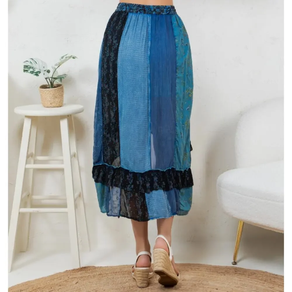 Young Threads Indigo Blue Patchwork Ruffle Wrap Midi Skirt XL - Coastal Boho